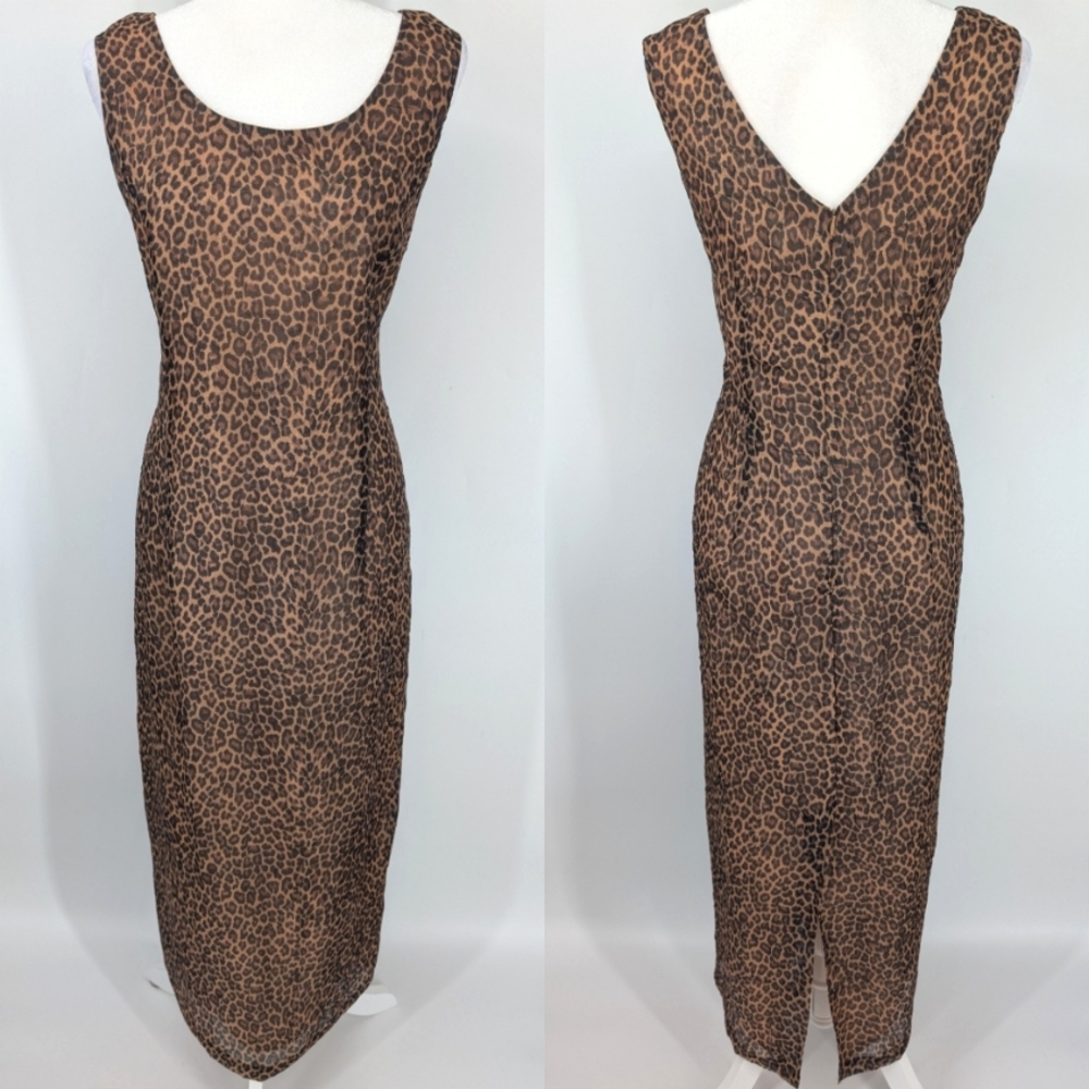 Vintage Virgo Brown Black Leopard Animal Print Sleeveless Sheath Maxi Dress 16